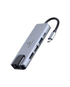 GEMBIRD A-CM-COMBO5-04 MULTI ADAPTER USB TYP-C 5W1 (HUB + HDMI + PD + CZYTNIK KART + LAN) SREBRNY