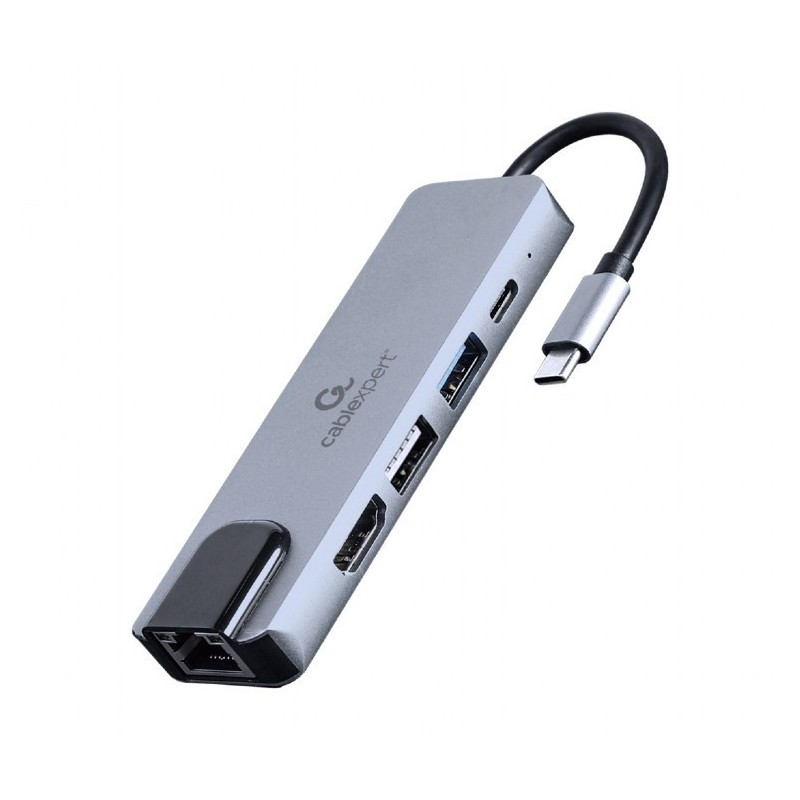 GEMBIRD A-CM-COMBO5-04 MULTI ADAPTER USB TYP-C 5W1 (HUB + HDMI + PD + CZYTNIK KART + LAN) SREBRNY