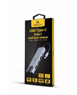 GEMBIRD A-CM-COMBO5-04 MULTI ADAPTER USB TYP-C 5W1 (HUB + HDMI + PD + CZYTNIK KART + LAN) SREBRNY