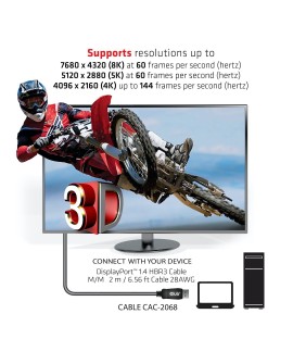 Kabel Club3D CAC-2068 DisplayPort™ 1.4 HBR3 Cable Male / Male 2 m/6.56ft VESA CERTIFIED