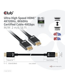 CLUB3D Ultra High Speed HDMI 4K120Hz, 8K60Hz Certified Cable 48Gbps M/M 2 m / 6.56 ft