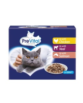 PREVITAL- Z kurczakiem, cielęciną i łososiem w sosie - Pełnoporcjowa karma dla kotów 12x100g
