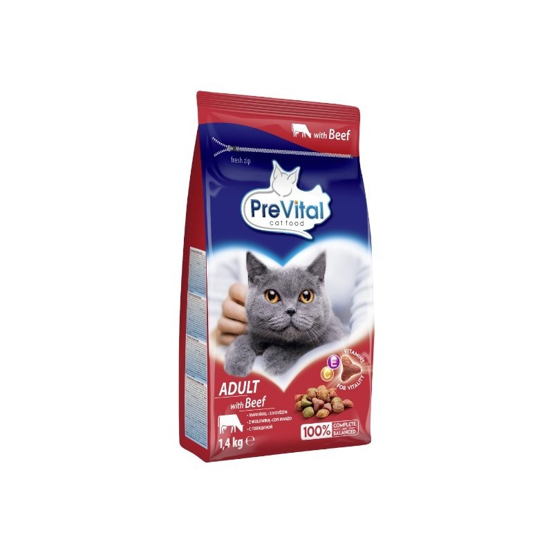 PREVITAL -Z wołowiną karma sucha - Pełnoporcjowa karma dla dorosłych kotów - 1,4kg