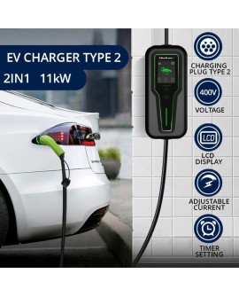 Qoltec 52467 Mobilna ładowarka do samochodu elektrycznego EV z regulacją 2w1 Typ2 | 11kW | 3 Fazy | CEE 5 PIN| LCD |Przenośna |