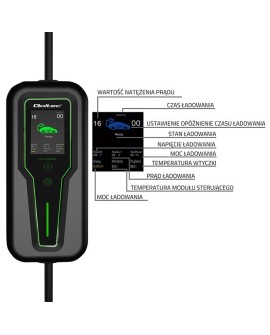 Qoltec 52467 Mobilna ładowarka do samochodu elektrycznego EV z regulacją 2w1 Typ2 | 11kW | 3 Fazy | CEE 5 PIN| LCD |Przenośna |