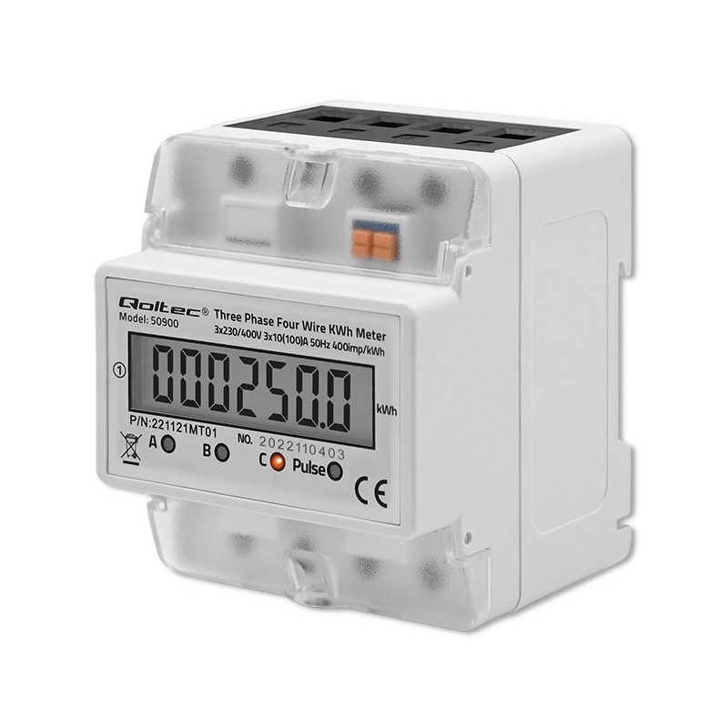 QOLTEC LICZNIK ZUŻYCIA ENERGII TRÓJFAZOWY NA SZYNĘ DIN | 230V | LCD | 4P