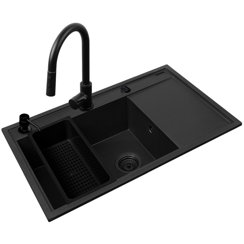 Zestaw - Zlewozmywak PYRAMIS CAMEA (79x50) 1B 1D L + Bateria IDEA Black Edition - 070168402BE - Volcano