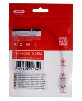UNITEK KABEL USB-C - USB-A 3.1,M/M,0,25M, Y-C490BK