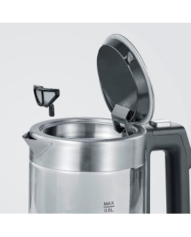 SEVERIN CZAJNIK ELEKTR. SZKŁO-STAL, REG. TEMP. W RĄCZCE, ZAKRES TEMP. 40°C-100°C, POJ. 0,5L, ZAKRYTA GRZAŁKA, 1100W WK3458
