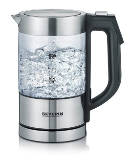 SEVERIN CZAJNIK ELEKTR. SZKŁO-STAL, REG. TEMP. W RĄCZCE, ZAKRES TEMP. 40°C-100°C, POJ. 0,5L, ZAKRYTA GRZAŁKA, 1100W WK3458