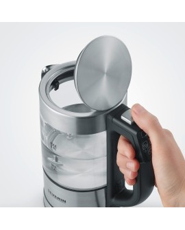SEVERIN CZAJNIK ELEKTR. SZKŁO-STAL, REG. TEMP. W RĄCZCE, ZAKRES TEMP. 40°C-100°C, POJ. 0,5L, ZAKRYTA GRZAŁKA, 1100W WK3458