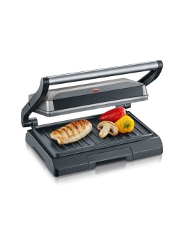 SEVERIN GRILL KONTAKTOWY STAL, SZARY, WANIENKA NA TŁUSZCZ, WĄSKI DESIGN, POWŁOKA NIEPRZYWIERAJĄCA, MOC 800W KG 2394