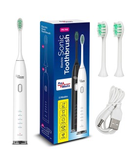 Szczoteczka soniczna do zębów Promedix, kolor biały, 5 trybów, timer, wskaźnik poziomu nał. baterii, 2 końcówki i kabel USB, PR