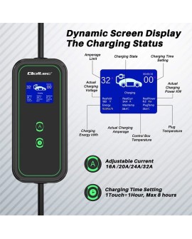 Qoltec Mobilna ładowarka do samochodu elektrycznego EV z regulacją 2w1 Typ2 | 7kW | 230V | CEE 3 PIN | Wi-fi| LCD | Przenośna |