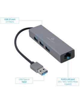 GEMBIRD ADAPTER USB-AM DO LAN GIGABIT HUB USB 3.0 X3 CZARNY