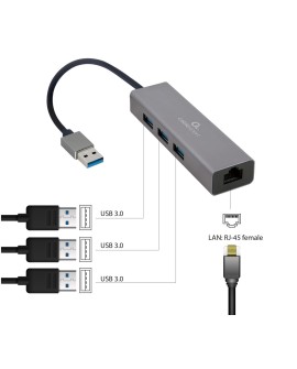 GEMBIRD ADAPTER USB-AM DO LAN GIGABIT HUB USB 3.0 X3 CZARNY