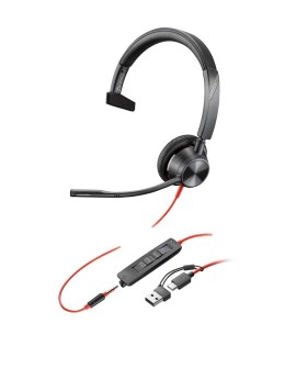 POLY Jednouszny zestaw słuchawkowy Blackwire 3315 USB-C z certyfikatem Microsoft Teams + wtyczka 3,5 mm + przejściówka USB-C/A