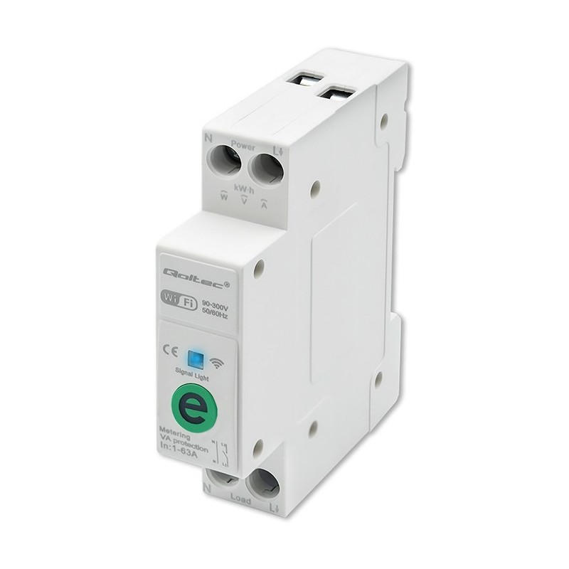 Qoltec Przekaźnik 63A na szynę DIN z licznikiem energii elektrycznej | eWeLink od Sonoff | Wi-Fi | Dioda LED