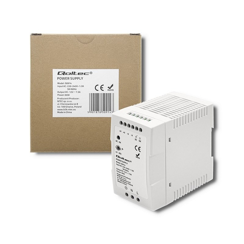 QOLTEC ZASILACZ NA SZYNĘ DIN 90W | 12V | 7.5A | BIAŁY | SLIM