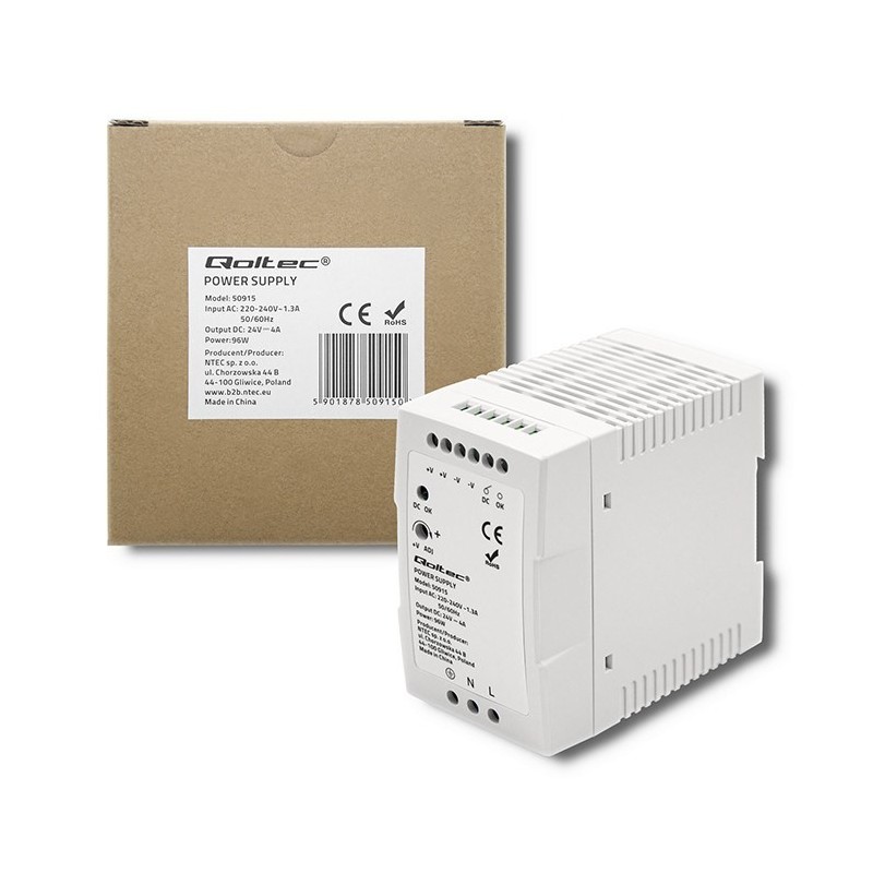 QOLTEC ZASILACZ NA SZYNĘ DIN 96W | 24V | 4A | BIAŁY | SLIM
