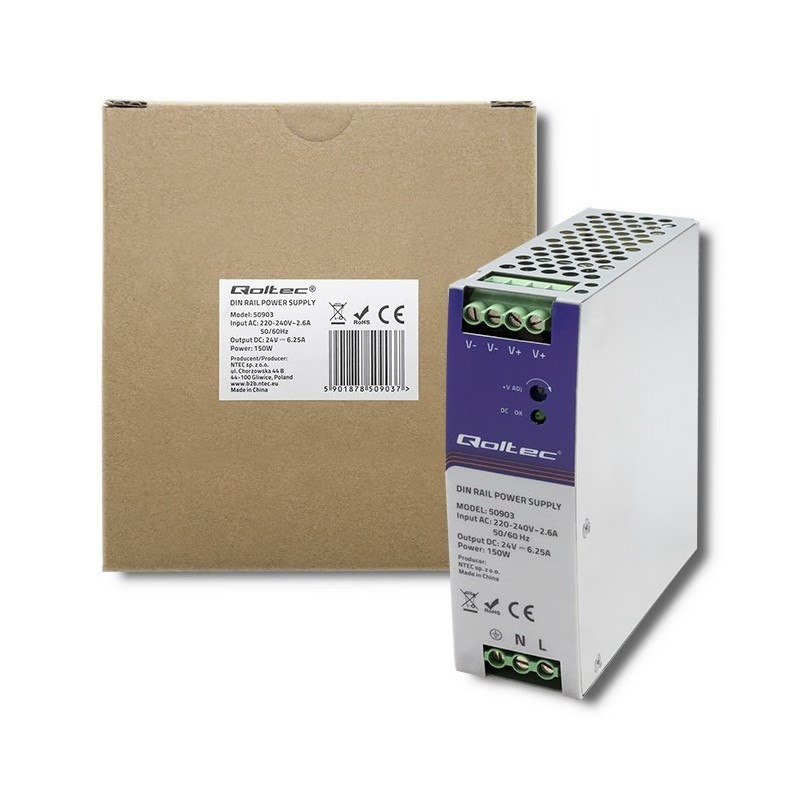 QOLTEC ZASILACZ NA SZYNĘ DIN PRZEMYSŁOWY | 150W | 24V | 6.25A