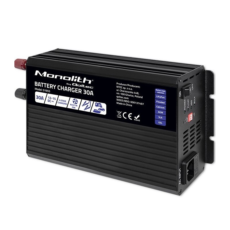 QOLTEC ŁADOWARKA DO AKUMULATORÓW LIFEPO4 AGM GEL SLA | 30A | 12V