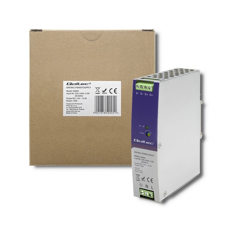QOLTEC ZASILACZ NA SZYNĘ DIN PRZEMYSŁOWY | 75W | 12V | 6.3A