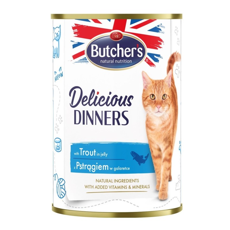 BUTCHER'S Delicious Dinners Kawałki z pstrągiem w galaretce - mokra karma dla kota - 400 g