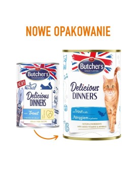 BUTCHER'S Delicious Dinners Kawałki z pstrągiem w galaretce - mokra karma dla kota - 400 g