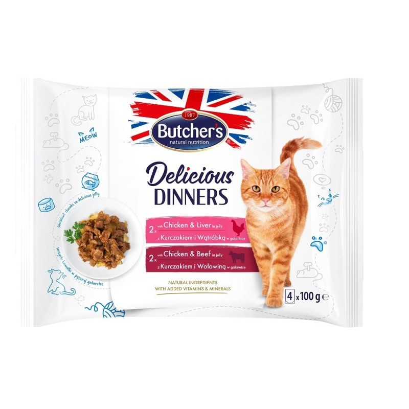 BUTCHER'S Delicious Dinners Kurczak z Wątróbką, Kurczak z Wołowiną - mokra karma dla kota - 4 x 100 g