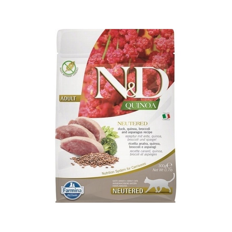 FARMINA N&D Quinoa Cat Duck, Broccoli, Asparagus Neutered Adult - sucha karma dla kota - 300 g