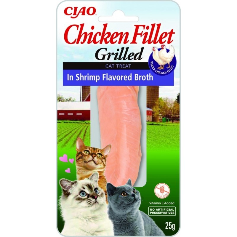 INABA Grilled Chicken Filet z kurczaka w bulionie o smaku krewetek - przysmak dla kota - 25 g