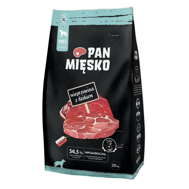 PAN MIĘSKO Wieprzowina z dzikiem (dorosły) chrupki XL - Karma sucha dla psa - 20kg