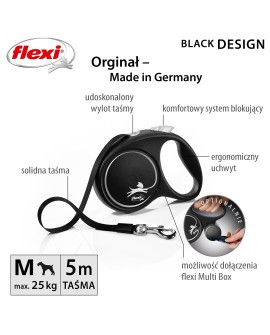 Smycz flexi automatyczna Black Design M taśma 5 m - dla psa do 25 kg, kolor srebrny