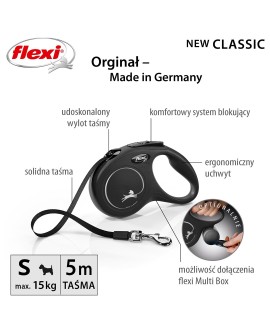 Smycz flexi automatyczna New Classic S czarna - taśma dla psa do 15 kg - 5 m