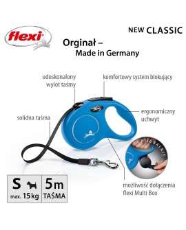 Smycz flexi automatyczna New Classic S taśma 5 m - dla psa do 15 kg, kolor niebieski
