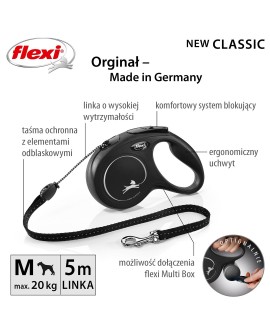 Smycz flexi automatyczna New Classic M linka 5 m - dla psa do 20 kg, kolor czarny