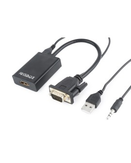 Adapter GEMBIRD A-VGA-HDMI-01 (HDMI F - D-Sub (VGA), Jack stereo 3,5 mm, USB 2.0 M 0,15m kolor czarny)