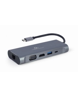 GEMBIRD MULTI ADAPTER USB TYPE-C 7 W 1 (HUB3.0 + HDMI + VGA + PD + CZYTNIK KART + DŹWIĘK STEREO), SZARY