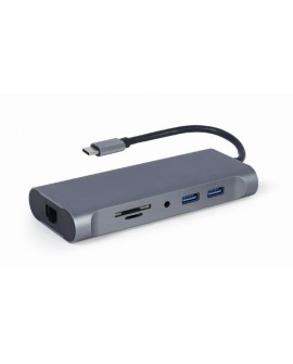 GEMBIRD MULTI ADAPTER USB TYPE-C 7 W 1 (HUB3.0 + HDMI + VGA + PD + CZYTNIK KART + DŹWIĘK STEREO), SZARY