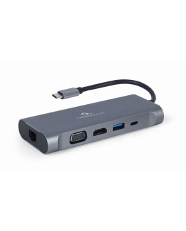 GEMBIRD MULTI ADAPTER USB TYPE-C 7 W 1 (HUB3.0 + HDMI + VGA + PD + CZYTNIK KART + DŹWIĘK STEREO), SZARY