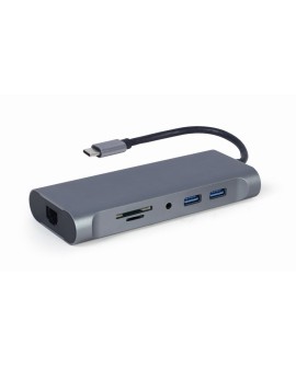 GEMBIRD MULTI ADAPTER USB TYPE-C 7 W 1 (HUB3.0 + HDMI + VGA + PD + CZYTNIK KART + DŹWIĘK STEREO), SZARY