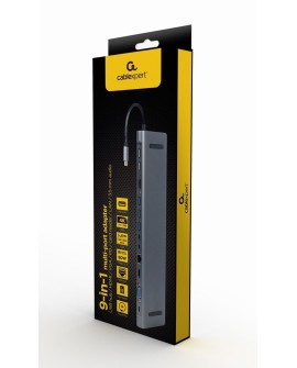GEMBIRD MULTI ADAPTER USB TYPE-C 9W1 (HUB USB + HDMI + VGA + PD + CZYTNIK KART + LAN + AUDIO 3,5 MM) KOLOR SZARY