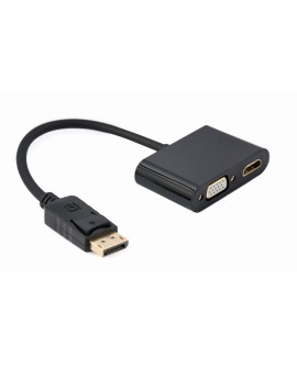 GEMBIRD ADAPTER NA KABLU DISPLAYPORT MĘSKI NA ŻEŃSKI HDMI + ŻEŃSKI VGA CZARNY, 10CM