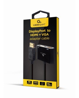 GEMBIRD ADAPTER NA KABLU DISPLAYPORT MĘSKI NA ŻEŃSKI HDMI + ŻEŃSKI VGA CZARNY, 10CM