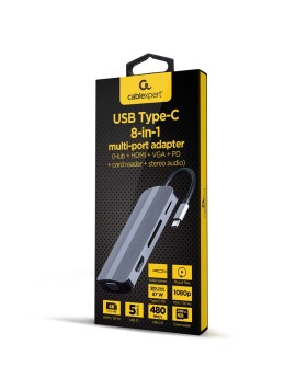 GEMBIRD MULTI ADAPTER USB TYP-C 8W1 (HUB3.1 + HDMI + VGA + PD + CZYTNIK KART + DŹWIĘK STEREO), SZARY