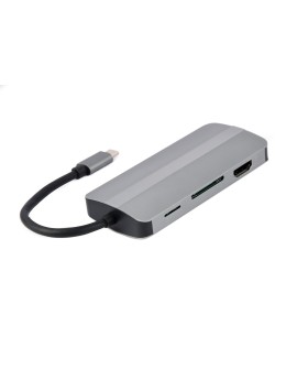 GEMBIRD MULTI ADAPTER USB TYP-C 8W1 (HUB3.1 + HDMI + VGA + PD + CZYTNIK KART + DŹWIĘK STEREO), SZARY