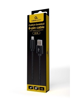 GEMBIRD KABEL USB - DO 8 PIN W OPLOCIE TEKSTYLNYM, WTYKI W OSŁONIE METALOWEJ 1.8M, ŁADOWANIE/TRANSMISJA DANYCH, CZARNY