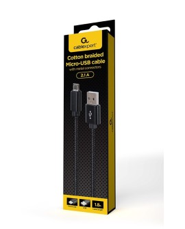GEMBIRD KABEL USB - MICRO USB W OPLOCIE TEKSTYLNYM, WTYKI W OSŁONIE METALOWEJ 1.8M, ŁADOWANIE/TRANSMISJA DANYCH, CZARNY
