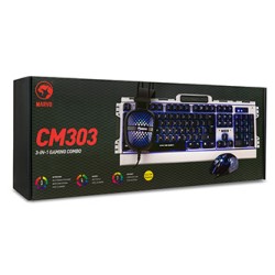 Marvo CM303 zestaw klawiatura przewodowa (USB) US, czarno-srebrna + mysz i słuchawki dla graczy, do gry, membranowa rodzaj podśw